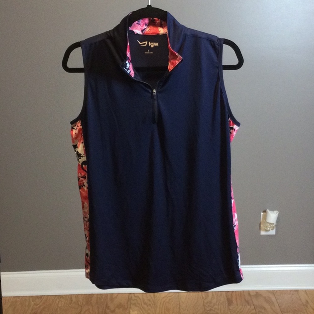 L TGW Navy Sleeveless Golf Polo with Floral Trim